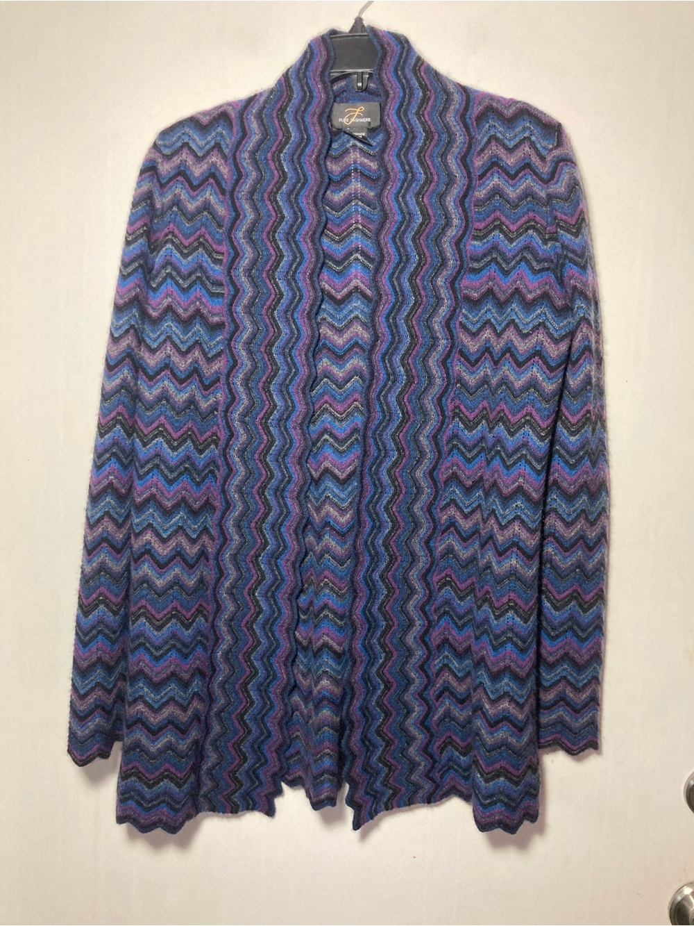 Pure Cashmere Open Front Cardigan Chevron Pattern Scalloped Edges Size Medium